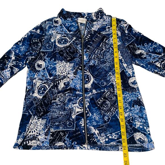 WEEKENDS By CHICO'S Zip Front Jacket Top Size 1 (M /8) Blue Print Band Collar - Picture 5 of 7